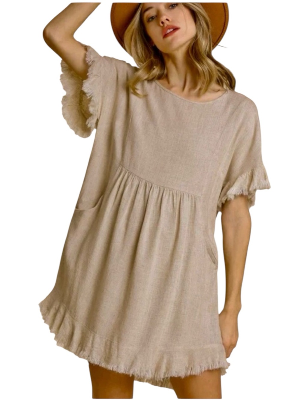 Umgee Taupe Linen Blend Pullover Mini Dress w/ Frayed Edges, Ruffled Hem - Small